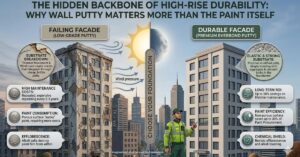 Everbond Paints | Premium Paints for Every Surface A side-by-side comparison infographic of high-rise building facades showing why substrate preparation matters for building longevity. The left side titled "Failing Facade (Low-Grade Putty)" displays a building with severe cracks and peeling paint caused by structural movement. The right side titled "Durable Facade (Premium Everbond Putty)" shows a flawless, modern high-rise. Key callouts explain how polymer-modified wall putty optimizes exterior emulsion paint consumption by 30%, resists efflorescence, provides high-altitude wind pressure durability, and lowers long-term commercial building maintenance costs.