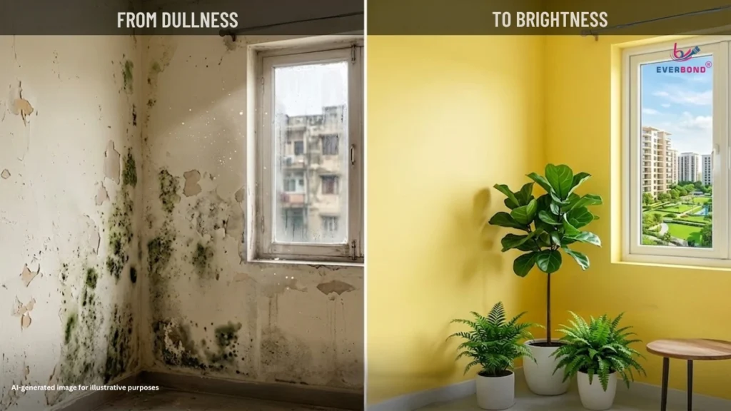 A vertical split-screen image comparing a room corner before and after renovation. The left side, under the text "FROM DULLNESS," shows a room corner with severely water-damaged walls covered in patches of dark mold, mildew, and peeling paint, adjacent to a weathered, dirty window with condensation on the glass. The right side, under the text "TO BRIGHTNESS," shows the same room corner completely restored with clean, vibrant yellow-painted walls. In the corner are three potted plants (one tall Fiddle Leaf Fig and two smaller ferns), and a new, clean white-framed window looking out onto a modern, sunny park and city skyline with the "Everbond" logo in the upper corner. A fine-print caption at the bottom-left states, "AI-generated image for illustrative purposes."